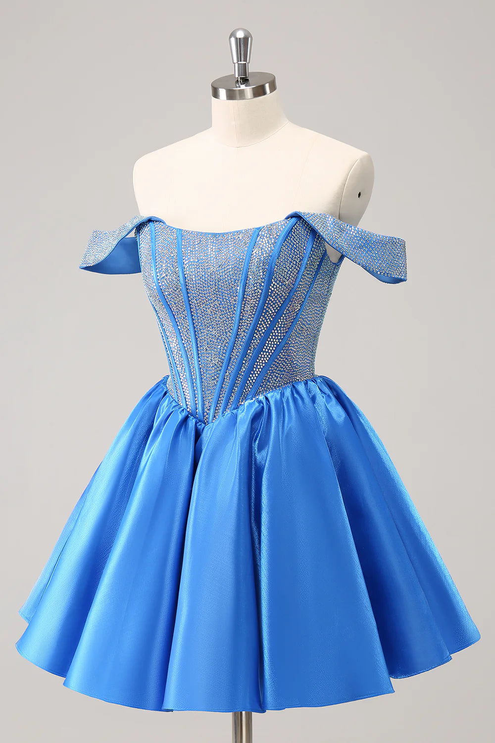 Luolandi A Line Off The Shoulder Blue Beaded Homecoming Dress Charming Graduation Dress